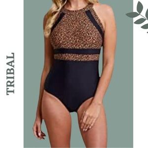 Tribal  Standard Halter One-Piece Swimsuit Leopard Print Black Brown Small